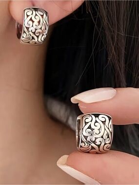 Sterling Silver Filigree Huggie Hoop Earrings - Silver